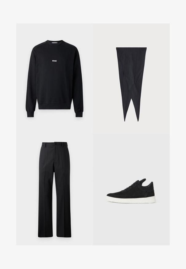 Fekete, pamut keverékből készült pulóver, kerek nyakkivágással, hosszú ujjakban, bordás mandzsettákkal, és fehér MSGM logóval a mellkasán.; Fekete egyenes szabású nadrág övhurkokkal, elülső gombbal és cipzárral, egyszerű fehér háttér előtt bemutatva.; Fekete nubuk sportcipő fehér gumitalppal, tónusos varrással és fűzős kialakítással. Simák a textúrája, modern, letisztult formával rendelkezik.; Tengerész csíkos anyag, megkurtított dizájn, hosszúkás forma hegyes végekkel, sima textúra függőleges csíkokkal, látható hardver nélkül.
