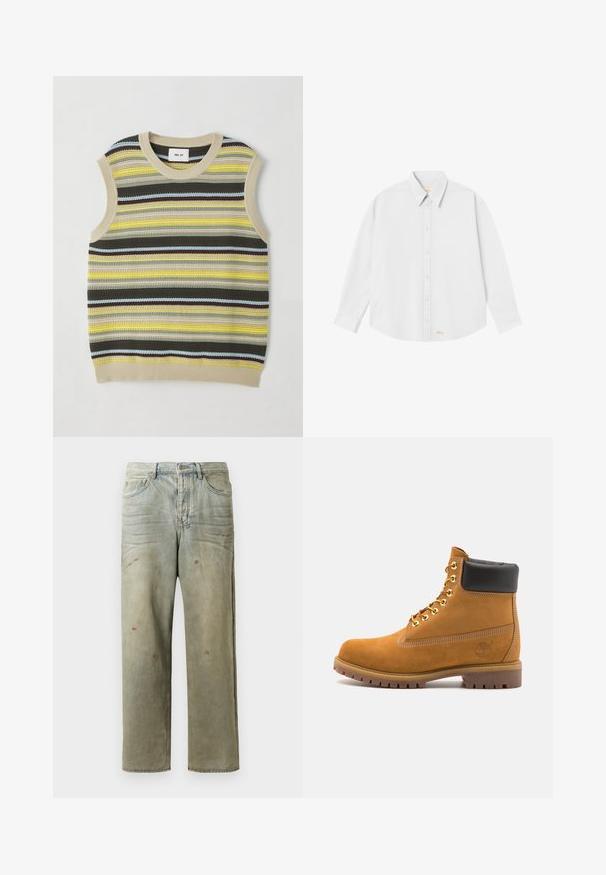 Strikket ærmeløs top med vandrette striber i gul, grøn, brun og blå. Rund halsudskæring med ribbet beige kant. Textureret stof.; Hvid skjorte med knapper og klassisk krave, lange ærmer og rundet kant; har lille orange logo nederst til venstre.; Slidte denimjeans i lysegrøn med lige ben, femlommerdesign og ujævn falming med malersplatter.; Tan nubuck ankelstøvle med sort polstret krave, gyldne metaløjer, hvid syning detaljer og robust gummisål med udtalte slidbaner.