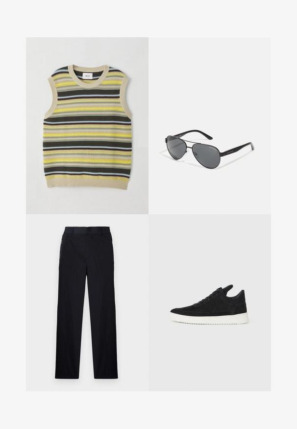 Ärmelloses Stricktop mit horizontalen Streifen in Gelb, Grün, Braun und Blau. Runder Halsausschnitt mit geripptem beigem Saum. Strukturiertes Gewebe.; Schwarze Hose aus leichtem, strukturiertem Stoff, mit geradem Bein, elastischem Bund und seitlichen Reißverschlusstaschen.; Schwarze Wildleder-Sneaker mit einer weißen Gummisohle, die sich durch elegante Nähte und ein schnürbares Design auszeichnen. Glatte Textur mit einer modernen, stromlinienförmigen Form.; Schwarze Flieger-Sonnenbrille mit dunklen Linsen, dünnem Metallrahmen und schlanken Kunststoffbügeln mit Logo-Details.