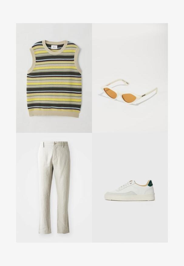 Skrócony bezrękawnik z poziomymi paskami w kolorze żółtym, zielonym, brązowym i niebieskim. Okrągły dekolt z żeberkowym beżowym wykończeniem. Teksturowany materiał.; Jasno beżowe lniane spodnie o prostym kroju, subtelnej teksturze, z zapięciem na guzik z przodu oraz dwoma kieszeniami po bokach. Dopasowane, by zapewnić schludny sylwetkę.; Białe trampki z zamszowymi akcentami, zaokrąglony czubek, płaskie sznurowadła i kremowa gumowa podeszwa. Posiadają zielone logo na pięcie.; Białe okulary przeciwsłoneczne w kształcie kocich oczu z brązowymi soczewkami, posiadające grubą oprawę, kanciasty wygląd i subtelne czarne detale na zausznikach.