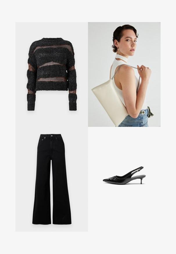 Sweater cropped preto com malha texturizada, apresentando tramas horizontais abertas e fios laranja contrastantes. Mangas longas com punhos canelados.; Jeans pretos de ganga com perna larga, cintura alta, cinco bolsos, fecho frontal de botões e detalhes mínimos de costura.; Sapatos de salto alto slingback em couro preto com bico fino, pequeno salto kitten e um detalhe decorativo em forma de nó na parte da frente. Textura suave em toda a parte.; Bolsa de mão retangular branca, feita de material brilhante, com uma alça em corrente prateada. Modelo posa, exibindo a bolsa contra um fundo simples.