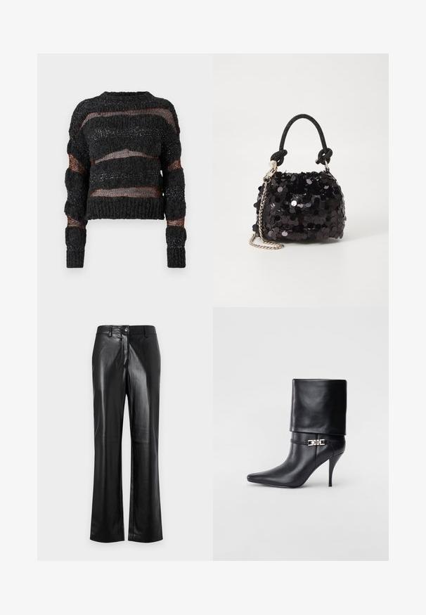 Must tumeeritud kangast lühikeste varrukatega kampsun, millel on horisontaalsed avatud kudumid ja kontrastsed oranžid niidid. Pikad varrukad ribidega mansettidega.; Mustad nahkpüksid sirge jala disainiga, millel on esine nööp sulgemine, vöörihmade silmad ja sile, poleeritud tekstuur.; Mustad nahast pahkluu saapad terava nina, kõrge stilettokanna, volditud äärega ja kuldse dekoratiivse pandlaga pahkluul.; Must have mustrõngus mustal sädelev mini käekotil on sõlme tekstuuriga rihm ja hõbedane ketis. Ümar kuju, kokku kogutud ülaosa ja peegeldav detail.