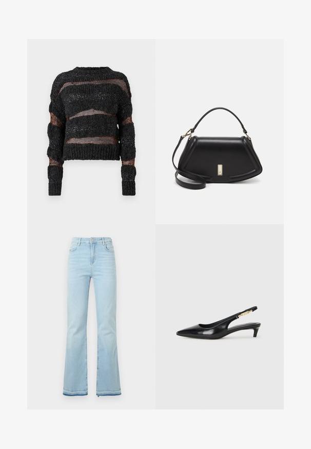 Czarny skrócony sweter z teksturowanym splotem, z poziomymi otwartymi splotami i kontrastującymi pomarańczowymi włóknami. Długie rękawy z prążkowanymi mankietami.; Jasnoniebieskie dżinsy w stylu dzwonów, wykonane z denimu, z wysokim stanem, przednimi kieszeniami i surowym wykończeniem u mankietów, idealne na co dzień.; Czarne skórzane szpilki typu slingback z ostrym noskiem, posiadające smukły obcas i złoty akcent na regulowanym pasku. Gładka tekstura.; Czarna skórzana torebka o strukturalnym designie, z przyciętą formą, górnym uchwytem i złotymi akcentami. W zestawie regulowany pasek na ramię.