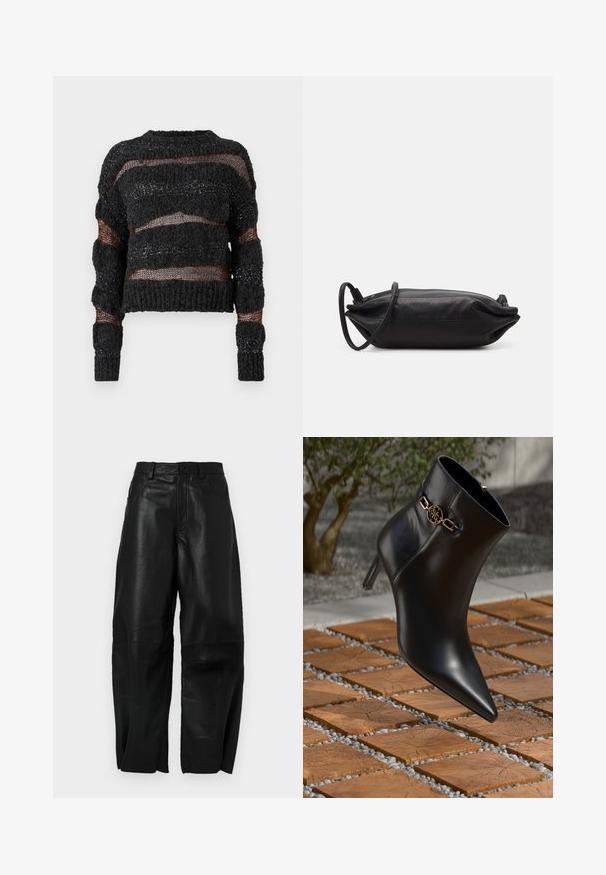 Black cropped sweater with textured knit, featuring horizontal open weaves and contrasting orange threads. Long sleeves with ribbed cuffs.; Black leather pants with a loose fit, featuring a straight leg design, front pockets, and visible stitching details.; Black leather ankle boot with pointed toe and small heel. Features a gold chain accent on the ankle. Surrounded by a textured stone surface.; Black leather clutch bag with a rectangular shape, smooth texture, thin shoulder strap, and minimalistic design.