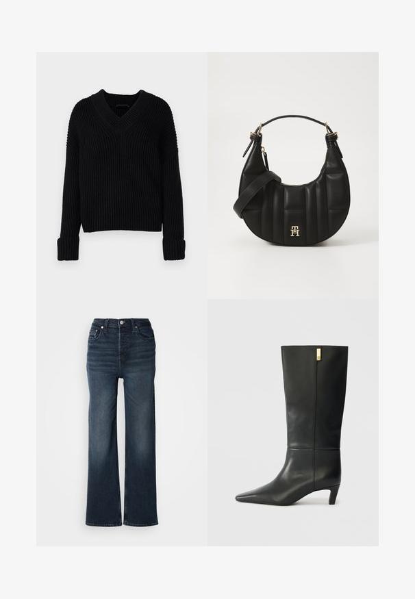 Der schwarze, gerippte Strickpullover hat einen V-Ausschnitt und lange Ärmel mit umgeschlagenen Bündchen. Er besteht aus einem weichen, strukturierten Stoff.; Dunkelblaue weit geschnittene Jeans aus Denim. Hohe Taille mit Verschluss durch einen vorderen Knopf und seitlichen Taschen. Glatte Textur und klassischer Schnitt.; Schwarze Lederstiefelette bis zum Knie mit spitzem Zeh und kleinem Absatz. Hat ein elegantes Design mit goldenen Akzenten. Glatte Textur.; Schwarze Lederhandtasche mit geschwungener Form, gequilteter Textur und goldenen Beschlägen. Sie verfügt über einen abnehmbaren Schultergurt und ein Logodetail.