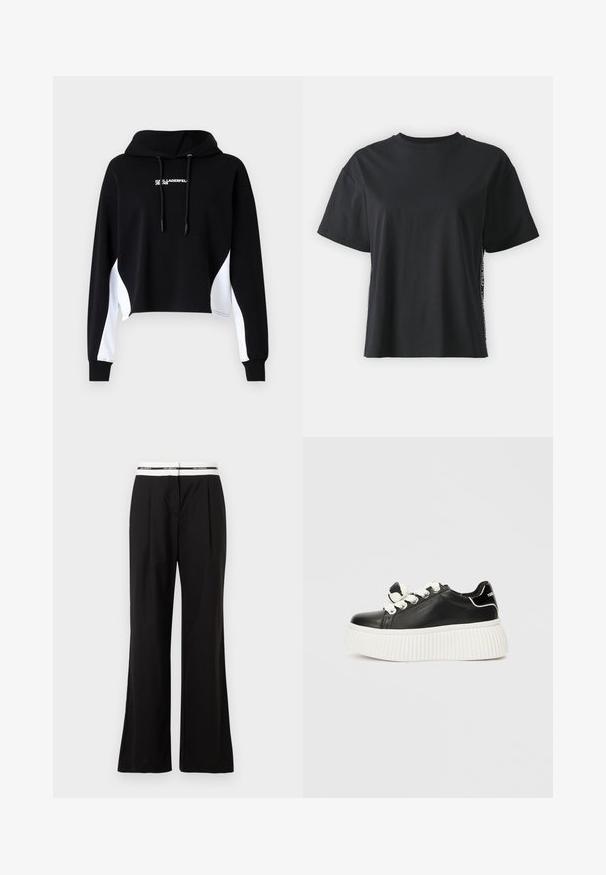 Sudadera negra recortada con paneles laterales blancos, capucha con cordón y letras en la parte frontal. Fabricada en tejido suave; cuenta con mangas largas y puños acanalados.; Camiseta de algodón negra de manga corta con un corte relajado y un panel lateral en contraste que presenta texto pequeño y detalles de diseño.; Pantalones negros de corte relajado, con una cinturilla elástica blanca que lleva marca. Fabricados en un tejido suave con un ligero brillo.; Zapatilla de cuero negra con una gruesa suela blanca estriada, que presenta cordones blancos y un lazo decorativo en la lengüeta.