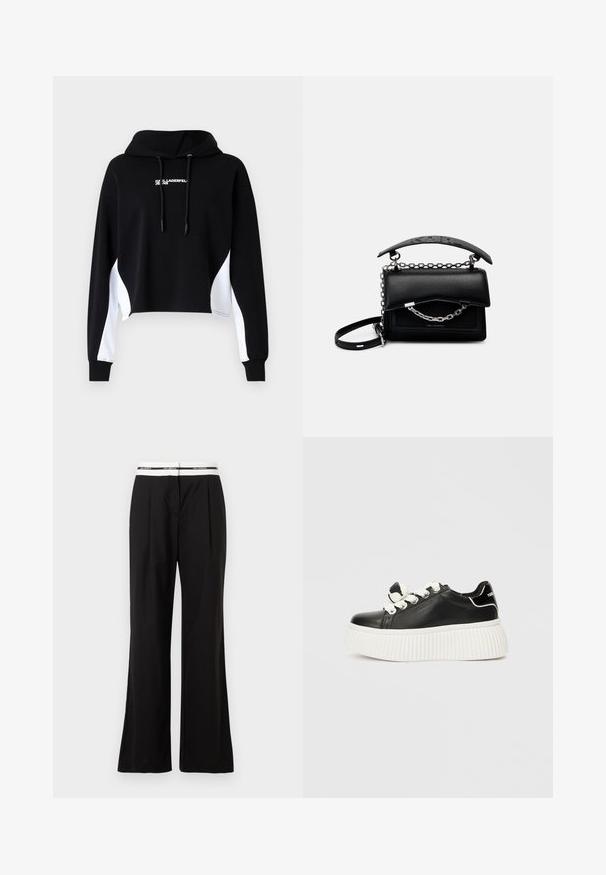 Crna skraćena dukserica s bijelim bočnim panelima, kapuljačom s pertlama i natpisom sprijeda. Izrađena od mekanog materijala; ima dugačke rukave i rebraste manžete.; Crne hlače opuštenog kroja, s bijelim elastičnim pojasom s logotipom. Izrađene su od glatkog materijala s laganim sjajem.; Crne kožne tenisice s debelim bijelim rebrastim potplatom, s bijelim vezicama i dekorativnom mašnom na jeziku.; Crna kožna torba s strukturiranim dizajnom, akcentima od lanca i drške, i teksturiranom površinom. Ima zatvaranje s preklopom s vidljivim brendom.