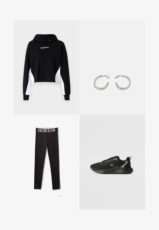 Čierny skrátený mikina s bielymi bočnými panelmi, kapucňou so šnúrkou a predným potlačou. Vyrobená z mäkkej látky; má dlhé rukávy a rebrované manžety.; Čierne legíny s bielym logom "CALVIN KLEIN" na páske. Hladký materiál, priliehavý strih, s mriežkovými akcentmi na členkoch.; Čierne nízke atletické tenisky s priedušnou sieťovinou, viazaním, textúrovanou podrážkou a logom "cK" na boku.; Strieborné kruhové náušnice s hladkým, zaobleným dizajnom a elegantným, lesklým povrchom. Majú minimalistický tvar s jemným otvorom.