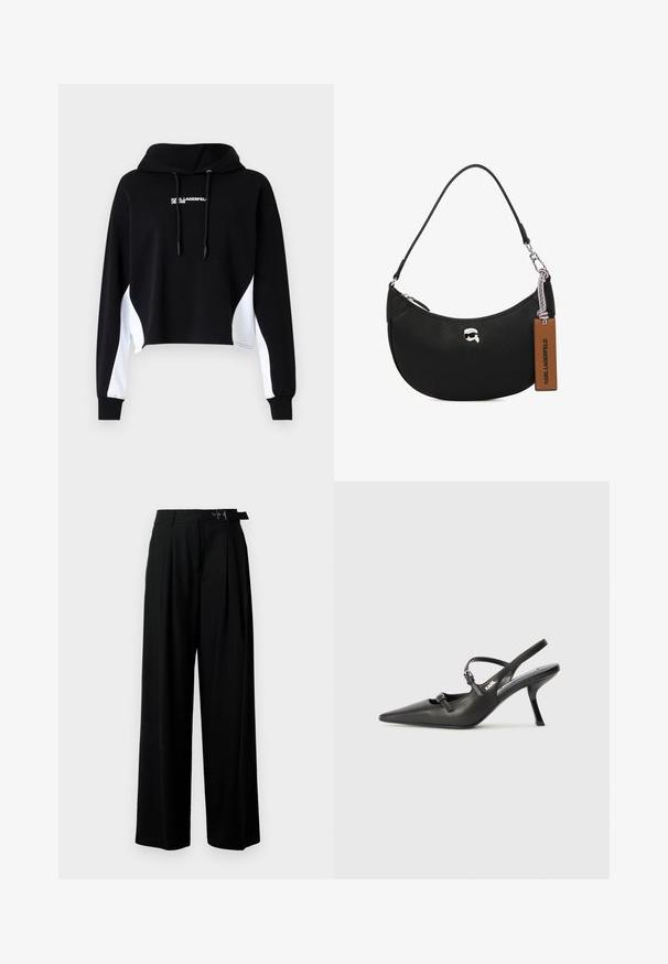Sudadera negra recortada con paneles laterales blancos, capucha con cordón y letras en la parte frontal. Fabricada en tejido suave; cuenta con mangas largas y puños acanalados.; Pantalones de pierna ancha negros con cintura alta, pliegues en la parte delantera y un cinturón con hebilla. Confeccionados con una tela suave y liviana.; Tacones slingback de cuero negro con punta afilada, tacón delgado y detalle decorativo de hebilla en la parte superior. Textura suave y diseño elegante.; Bolso de mano de cuero negro con textura granulada, forma curvada, cierre superior con cremallera, herrajes plateados y una etiqueta marrón. Presenta un acento con el logotipo.
