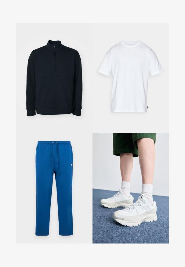 Sweatshirt preto de pulôver com gola alta, zíper 1/4, mangas longas e um acabamento texturizado; apresenta uma costura horizontal ao longo do peito.; T-shirt de algodão branco com mangas curtas e decote redondo. Apresenta um pequeno e discreto logótipo da Nike no peito e uma etiqueta lateral.; Calças de algodão azuis com cintura elástica e cordão, com um logótipo branco da marca na lateral. Design de perna reta, sem padrões.; Sapatos atléticos brancos com sobreposições texturizadas, sola espessa e detalhes em cinza. Usados com meias brancas até ao tornozelo e calções verdes sobre uma superfície azul.
