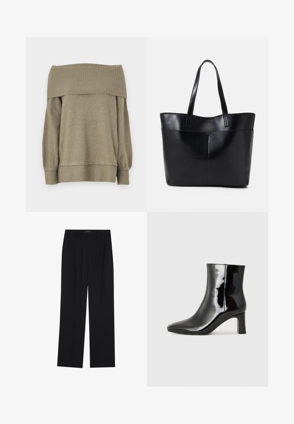 Off-shoulder, olivengrønn genser med ribbestrikkede mansjetter og kant, laget av et mykt, teksturert stoff og med en løs passform.; Sorte bukser med rette ben, som har to frontlommer og en talje. Laget av et glatt, lett stoff.; Sorte patentlær ankle boot med spiss tå og en mellomhøy blokkhelt. Glatt tekstur og minimalistisk design.; Svart lær toteveske med to lange håndtak, en glatt tekstur og en strukturert form. Har en frontlomme for ekstra oppbevaring.