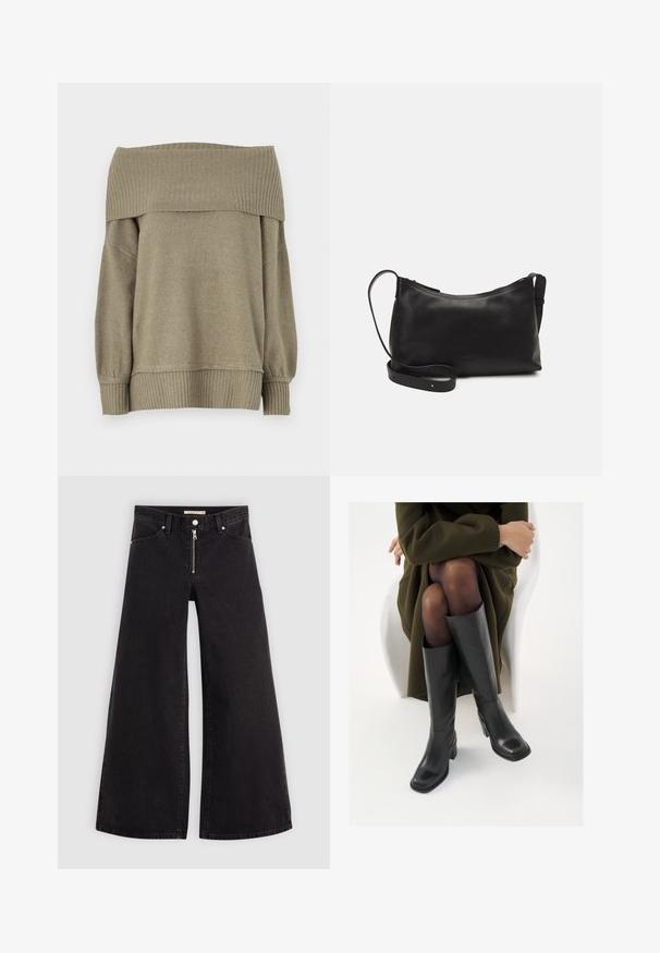 Off-shoulder, olijfgroene trui met geribbelde manchetten en zoom, voorzien van een zachte, gestructureerde stof en een losse pasvorm.; Wijdvallende jeans van zwarte denim met een ritssluiting aan de voorkant, vijf zakken en subtiele stikdetails. Soepele textuur en casual stijl.; Knieschijf hoge zwarte leren laarzen met een vierkante neus en blokhak, getoond met een model dat zit in een olijfgroene jas. Gladde textuur, minimale details.; Zwarte leren schoudertas met een gladde textuur, gebogen vorm, verstelbare schouderband en een ritsafsluiting. Minimalistisch ontwerp zonder versieringen.