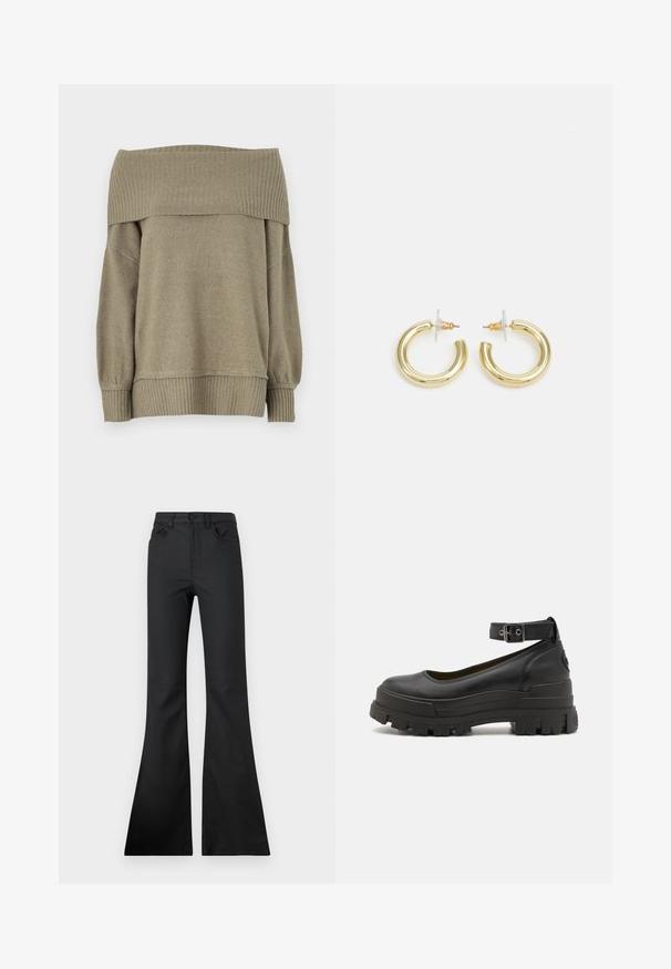 Pulover brez naramnic v olivno zeleni barvi z rebrastimi manšeti in robom, ki ima mehak, teksturiran material in ohlapen kroj.; Črne široke kavbojke s srednjim pasom, narejene iz gladkega materiala. Imajo pet žepov in vidne šive.; Buffalo ASPHA - Čevlji s platformo in peto - black; Zlate uhane v obliki obročkov z gladko, sijočo površino. Krožna zasnova s majhnim nosilcem in prozornim podplatom za varno nošenje.