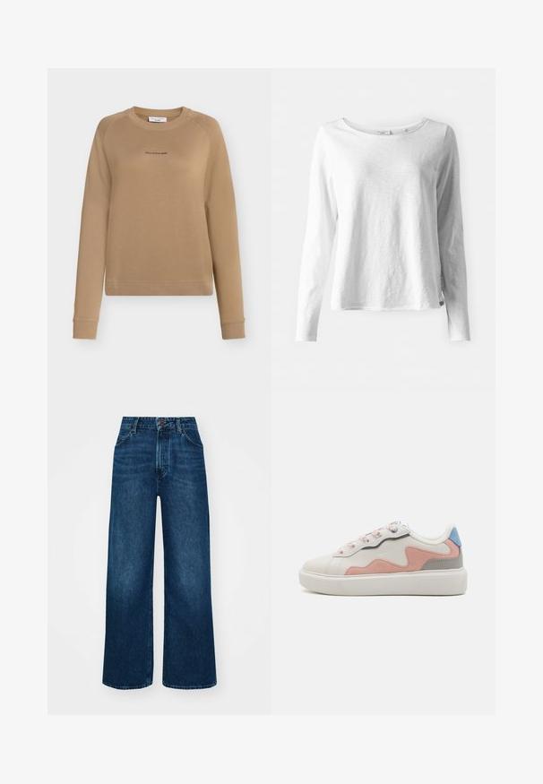 Felpa beige con maniche lunghe, scollo rotondo e cuciture a raglan. Presenta un logo discreto in una tonalità più scura sul davanti. Tessuto dalla texture liscia.; T-shirt bianco a maniche lunghe in tessuto morbido e leggero; presenta un collo rotondo e una vestibilità leggermente rilassata; etichetta visibile sul lato.; Jeans a vita alta e gamba larga in denim blu scuro con una texture liscia, cuciture a contrasto e design a cinque tasche. Chiusura frontale con bottone.; Sneaker basse con una tomaia in sintetico bianco, accenti in suede rosa e grigio, suola in gomma bianca texturizzata e lacci colorati.