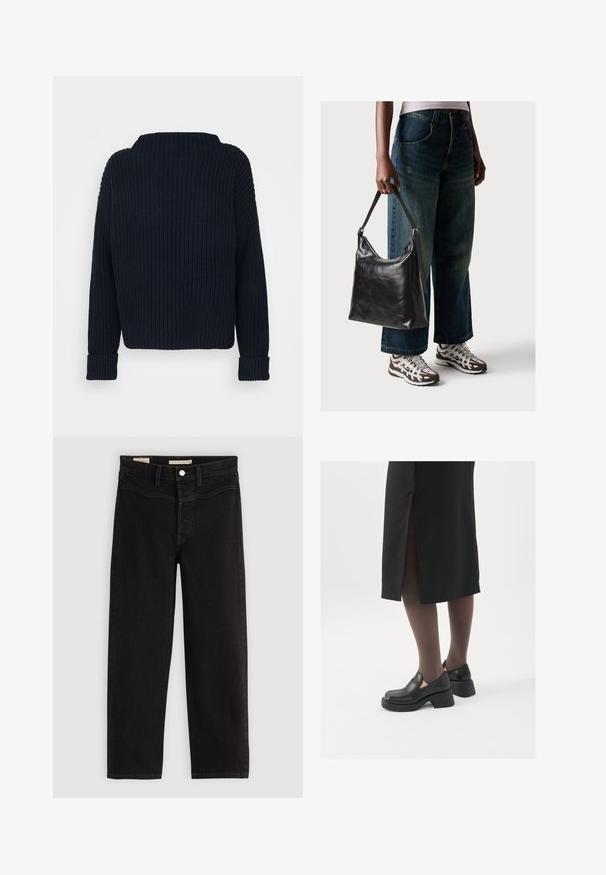 Tengerészkék kötött pulóver, magas nyakkivágással, bordázott textúrával és hosszú ujjal, megtűrt mandzsettával. Általánosságban laza fazonú.; Fekete farmernadrág egyenes szabással, denim anyagból készült. Elöl zsebekkel, gombos záródással és kontrasztos varrással rendelkezik.; Fekete bőr cipők lekerekített orral, vastag blokk sarkakkal és elasztikus oldalsó díszítésekkel, sötét harisnyával és hasítékkal ellátott fekete szoknyával párosítva.; Fekete bőr válltáska sima textúrával és állítható pánttal, melyet elnyűtt, bő szárú farmernadrággal és sportcipőkkel párosítottak.