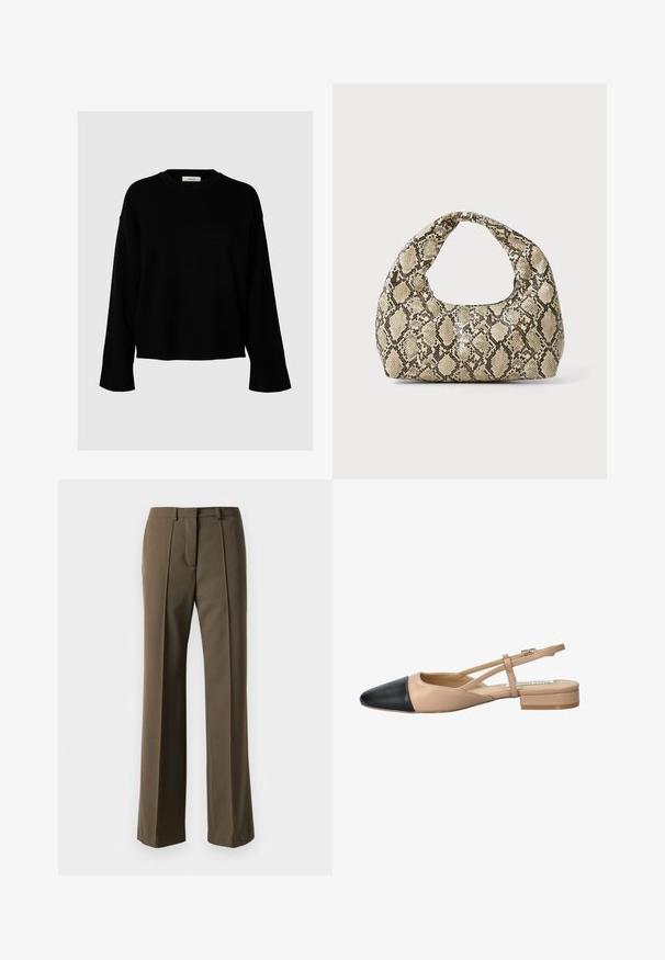 Mustmust, mis on lõtva lõikega, pikkade varrukatega, ümarate kaelustega ja ribatud mansettidega, valmistatud pehmest ja tekstuurist kangast.; Pruunid kohandatud püksid otse lõikega, volditud ees ja klassikalise vöökohaga. Valmistatud siledast kangast, millel on peen viimistlus.; Beez ja must kahetooniline slingback king, millel on terav nina, lame konts ja ristuv rihma detail. Sile nahk tekstuur.; Musta käärmeprindiga kott kõveraga käepidemega. Valmistatud tekstiilsetest, beežidest ja pruunidest materjalidest, millel on iseloomulik rombikujuline muster.
