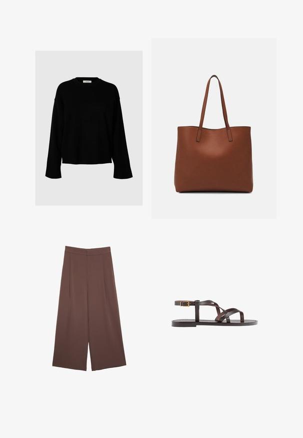 Črn pulover z ohlapnim krojem, dolgimi rokavi, okroglim izrezom in rebrastimi manšetami, izdelan iz mehkega, teksturiranega blaga.; Rjave široke hlače z gladko teksturo, ki imajo visok pas in sprednje naborke. Tkanina je lahka in prosto pada.; Rjav usnjen sandal z načinom prečnega črta, zaklepom okoli gležnja in ravnim podplatom z minimalnimi šivi.; Rjava usnjena torba z gladko teksturo, odprto zasnovo zgoraj in dvema naramnima trakovoma. Opremljena je z minimalnim šivanjem in brez vidnih kovinskih delov.