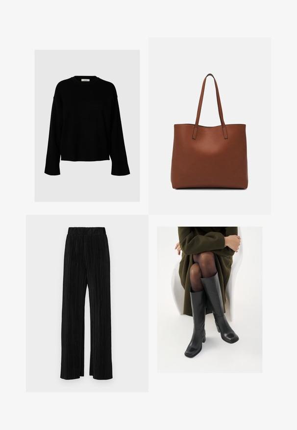 Mustmust, mis on lõtva lõikega, pikkade varrukatega, ümarate kaelustega ja ribatud mansettidega, valmistatud pehmest ja tekstuurist kangast.; Mustad pleekitud püksid elastse vöökohtaga. Omavad laiad jalad ja sujuvat, tekstureeritud kangast vertikaalsete triipudega.; Knee-high mustad nahast saapad nelinurkse varbaga ja plokilise kontsaga, esitatud mudeli kõrval, kes istub oliivirohelises mantlis. Sujuv tekstuur, minimaalne detailide arv.; Pruun nahast tote-kott, millel on sile tekstuur, avatud ülaosa disain ja kaks õlarihma. Omab minimaalset õmblust ja nähtavat riistvara ei ole.