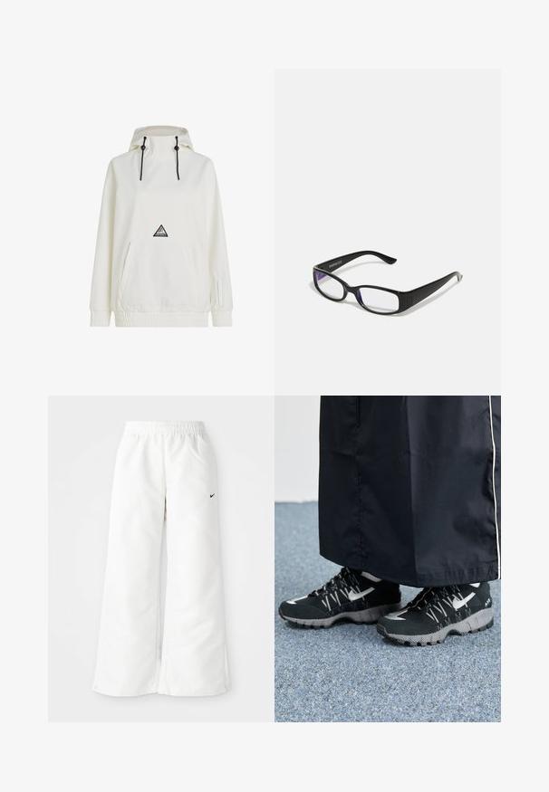 Hvid vindtæt jakke med hætte, snoretræk, frontlomme, elastiske manchetter og kant. Har et trekantet logo-patch på brystet.; Hvide atletiske bukser med et bredbenet design, elastisk talje og et lille sort Nike-logo på venstre side. Glat, let materiale.; Sorte sportsko med en struktureret overdel, sølvdetaljer og en mønstret ydersål, parret med et langt sort plagg. Sat mod blå tæpper.; Sorte rektangulære briller med klare linser. Blank finish, smalle stænger, og lilla nuance synlig i kanterne af linsen.