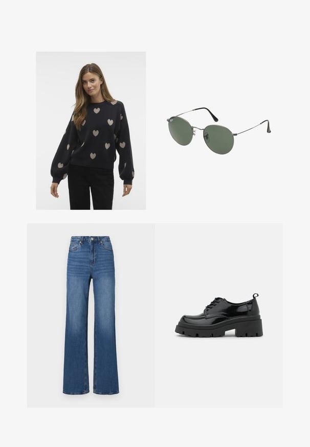 Pull en marine foncé avec des motifs de cœurs beiges. Doté d'un col rond, de manches longues bouffantes et d'une coupe décontractée. Texture tricot douce.; Jean bleu taille haute et ample en denim, avec un design classique à cinq poches et un léger délavage le long des jambes.; Chaussures en cuir patiné noir avec une semelle épaisse et chunky, dotées de lacets épais. Embout arrondi, détails minimaux et un petit tirant à l'arrière.; Lunettes de soleil en métal avec des verres ovales verts. Monture en métal argenté mince et embouts d'oreille noirs. Design minimaliste, sans logos visibles.