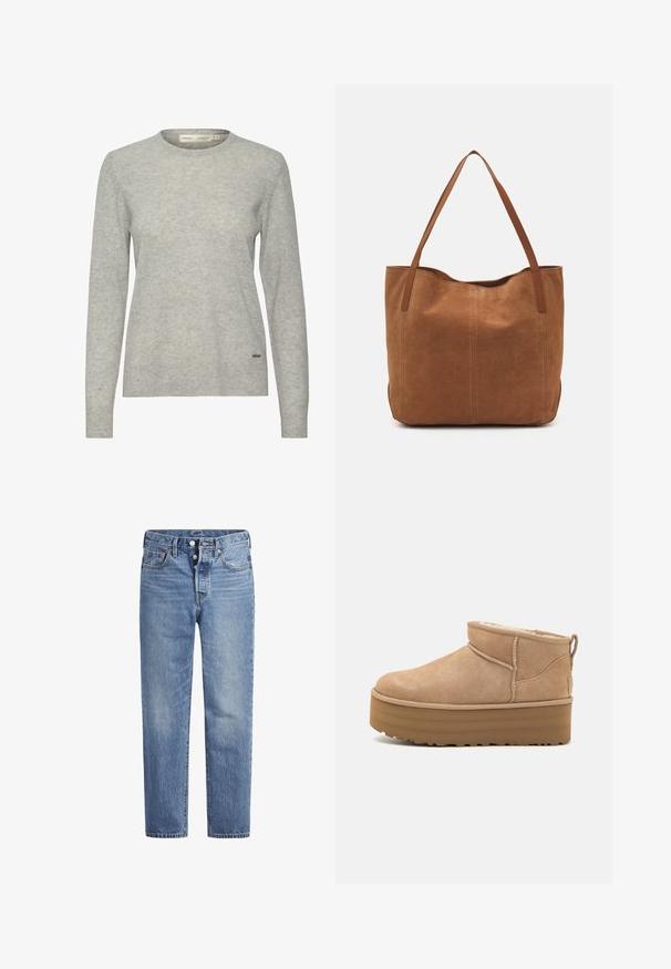 Lys grå sweater lavet af blødt stof, med rund halsudskæring, lange ærmer og en subtil tekstureret finish. Lille logo aksent ved kanten.; Lyseblå denimjeans med lige pasform, fem-lomme-design og knaplukning. Har subtile falmede detaljer og orange søm.; Beige ruskinds ankelstøvler med et blødt indre, der har en platformssål og en strop bagpå for nem påtagning. Tekstureret gummisål.; Brun ruskinds tote bag med to lange håndtag, der har en glat tekstur, enkelt design og ingen synlige metaldele eller accenter.