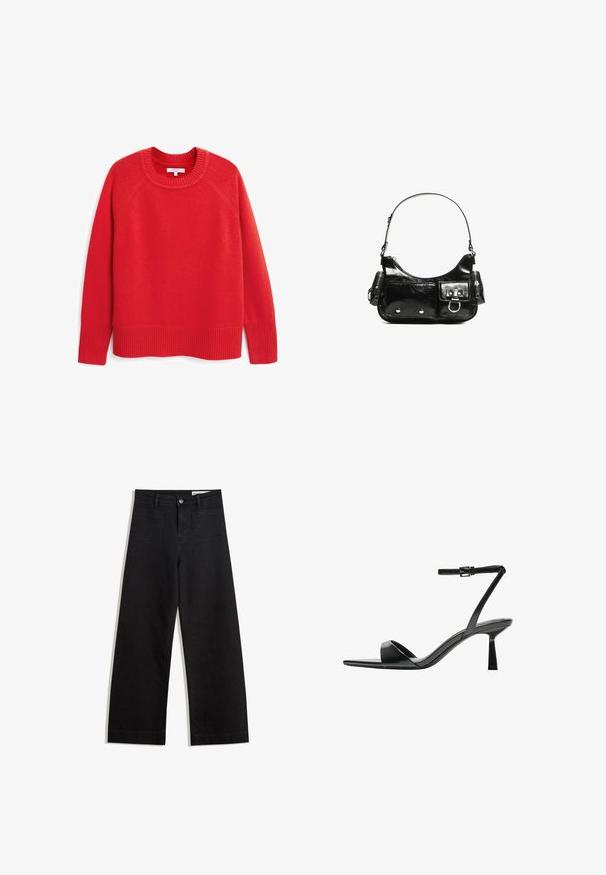 Next CREW NECK - Strickpullover - red; Schwarze weit geschnittene Jeans mit hoher Taille, ausgestattet mit Vorder- und Hintertaschen, gesteppten Nähten und einem Knopfverschluss. Glatte Textur.; Bershka High Heel Sandalette - black; Schwarze Lackleder-Handtasche mit geschwungenem Design, einem Schulterriemen, Vordertaschen und silberfarbenen Hardware-Akzenten.