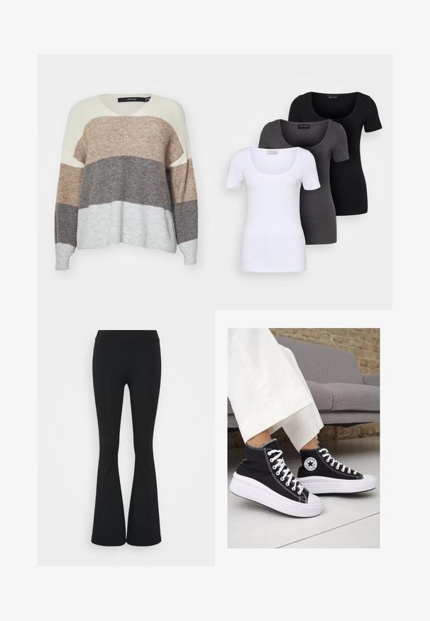 V-Ausschnitt Pullover mit horizontalen Streifen in Beige, Braun und Hellgrau; strukturiertes Strickmaterial; lockere Passform mit gerippten Bündchen.; Drei figurbetonte T-Shirts in Weiß, Grau und Schwarz. Jedes hat einen weiten Rundhalsausschnitt und kurze Ärmel. Hergestellt aus glattem, elastischem Stoff.; Schwarze, ausgestellte Hosen aus dehnbarem Material mit hohem Bund und glatter Textur. Die Hose weitet sich ab dem Knie.; Schwarze Canvas-Hochtop-Sneakers mit weißen Gummisohlen und Schnürsenkeln. Mit einem runden Logo an der Seite und kontrastierendem weißen Nähten.