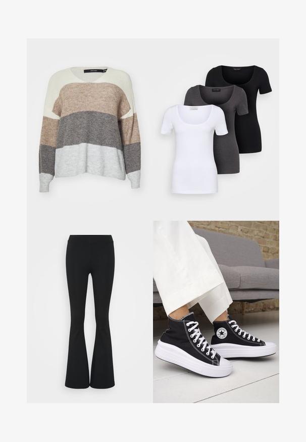 V-Ausschnitt Pullover mit horizontalen Streifen in Beige, Braun und Hellgrau; strukturiertes Strickmaterial; lockere Passform mit gerippten Bündchen.; Drei figurbetonte T-Shirts in Weiß, Grau und Schwarz. Jedes hat einen weiten Rundhalsausschnitt und kurze Ärmel. Hergestellt aus glattem, elastischem Stoff.; Schwarze, ausgestellte Hosen aus dehnbarem Material mit hohem Bund und glatter Textur. Die Hose weitet sich ab dem Knie.; Schwarze High-Top-Sneaker mit weißen Gummisohlen und Schnürsenkeln. Verfügt über ein rundes Logo-Patch und kontrastierende weiße Nähte. Aus Canvas-Material.