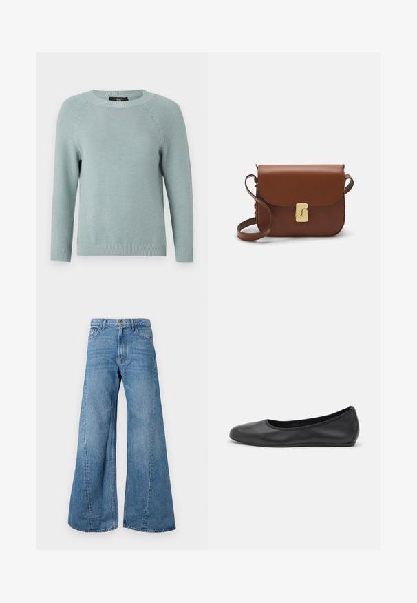 Light blue knit sweater with long raglan sleeves, ribbed neckline and cuffs, and a textured fabric pattern throughout.; Wide-leg blue denim jeans with a high waist, featuring classic five-pocket styling and slight fading for texture.; Black leather ballet flat with a rounded toe, smooth texture, minimal stitching detail, and a flexible sole design.; Brown leather handbag with a flap closure, gold-tone hardware, a shoulder strap, and a smooth texture. Compact rectangular shape.