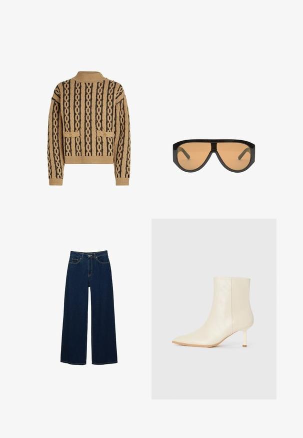 Kötött pulóver világosbarnában és feketében, texturált mintával, fonott vonalakkal, két elülső zsebbel és aranygombos díszítéssel a vállon.; Sötétkék, széles szárú farmernadrág, magas derekú kialakítással, kontrasztos varrással, elülső zsebekkel és gombos cipzárral.; Krém színű bokacsizma hegyes orral és karcsú, közepes magasságú sarokkal, sima felülettel, a külső oldaláról bemutatva, fehér háttér előtt.; Fekete, oversized napszemüveg barna lencsével, széles, szögletes kerettel és egyenes kapcsokkal. Simára polírozott, fényes felület, minimális hardver.