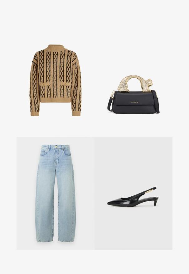 Strikkegenser i tan og svart, med et teksturert mønster med flettede linjer, to frontlommer og gullknappe detaljer på skulderen.; Lyseblå denim vidbukser med høy midje, lett falming, fem lommer og gulldetaljer. Slitasje nederst er rett og uferdig.; Sorte lærreim hæler med spiss tå, som har en slank hæl og en gullfarget detalj på den justerbare stroppen. Glatt tekstur.; Svart lærveske med et gullfarget kattformet håndtak, med en frontklaff, justerbar stropp og logo detalj på den nedre fronten.