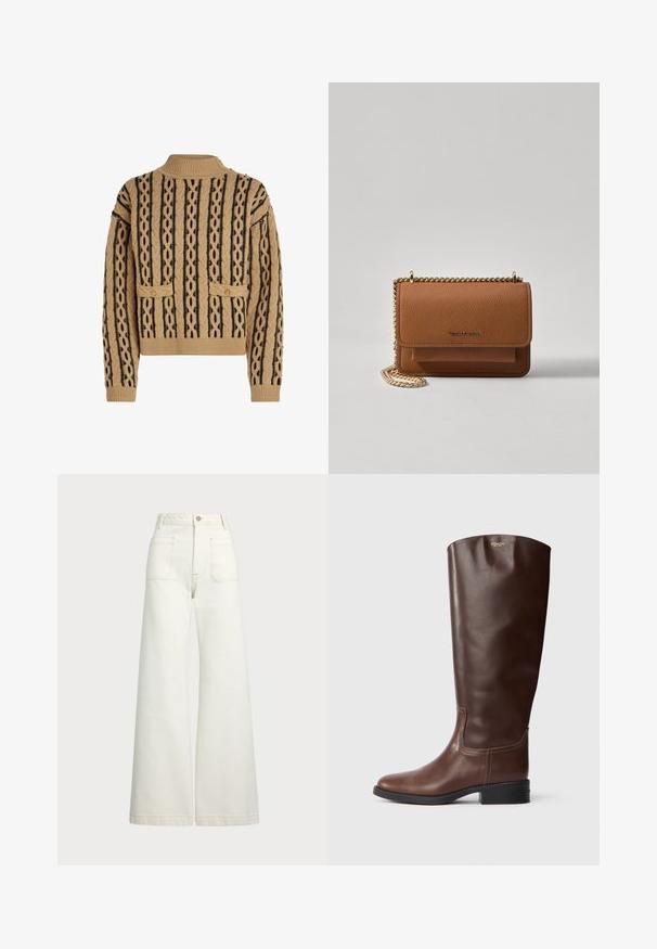 Strikkegenser i tan og svart, med et teksturert mønster med flettede linjer, to frontlommer og gullknappe detaljer på skulderen.; Vidde bukser i off-white denim. Høyt liv-design med knappelukking, to frontlommer og kontrastsøm detaljer.; Brune lær, knelange støvler med glat overflade, rund tå og lav blokklods. Har en subtil syning detalje og logo øverst.; Brun teksturert lær crossover-veske med gullkjede-stropp og klaffelukking. Fronten har logo-detalj og en lomme under klaffen.