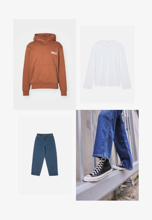 Hoodie marron en tissu doux, doté d'une poche kangourou et d'une capuche. Logo imprimé sur la zone du côté gauche de la poitrine en blanc.; T-shirt blanc à manches longues en coton. Il présente un col rond classique et des coutures d'épaule tombantes, avec une texture lisse et unie.; Jean en denim bleu avec une coupe décontractée, taille haute, design à cinq poches et accents de couture. Dispose d'une fermeture par bouton et fermeture éclair.; Baskets montantes noires avec semelle et lacets blancs, associées à un jean en denim bleu décontracté, reposant sur un garde-corps gris.