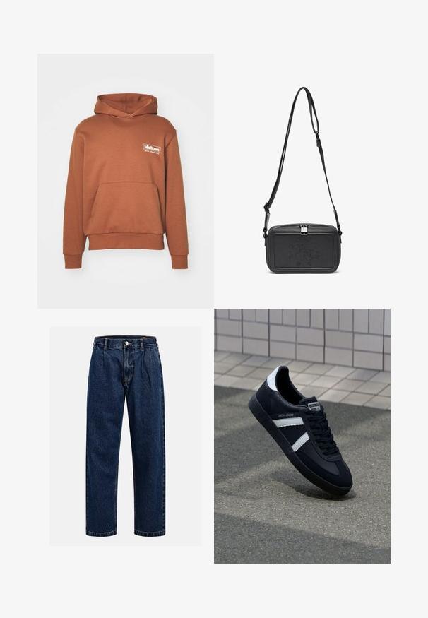 Brun hættetrøje lavet af blødt stof, med en kengurulomme og hætte. Trykt logo på venstre brystområde i hvid.; Mørkeblå denimjeans med lige ben-design. Har synlige syninger, en knaplukning og frontfoldninger for ekstra detalje.; Sort lædersneaker med hvide striber, tekstureret gummisål og snørrebånd foran. Har et brandet mærke på tungen.; Sort læder crossover taske med lynlåslukning, præget logo på fronten og justerbar rem. Glat tekstur med rektangulær form.