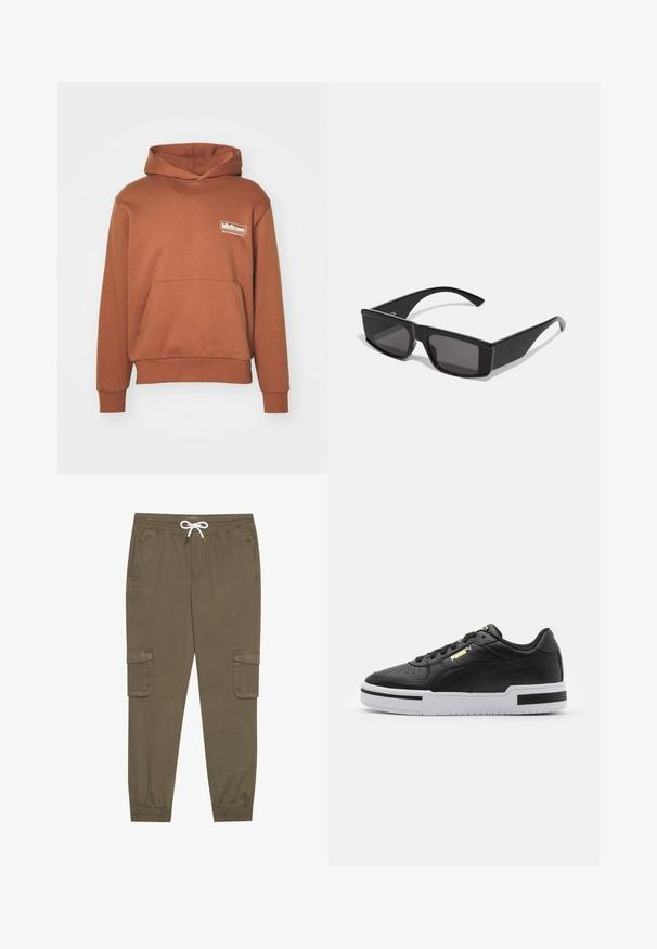 Brązowy hoodie wykonany z miękkiego materiału, posiadający kieszeń kangurzą oraz kaptur. Na lewej stronie klatki piersiowej widoczny nadrukowany logo w białym kolorze.; Khaki spodnie cargo z elastycznym pasem i sznurkiem, z bocznymi kieszeniami i ściągaczami przy kostkach. Wykonane z teksturowanego, lekkiego materiału.; Czarny skórzany sneaker z białą podeszwą, perforowanym noskiem, złotym logotypem, wyściełanym kołnierzem i kontrastowymi czarnymi akcentami po bokach.; Czarne okulary przeciwsłoneczne z prostokątną oprawką i ciemnymi soczewkami. Wykonane z błyszczącego plastiku, z kanciastym wzornictwem i smukłymi zausznikami.