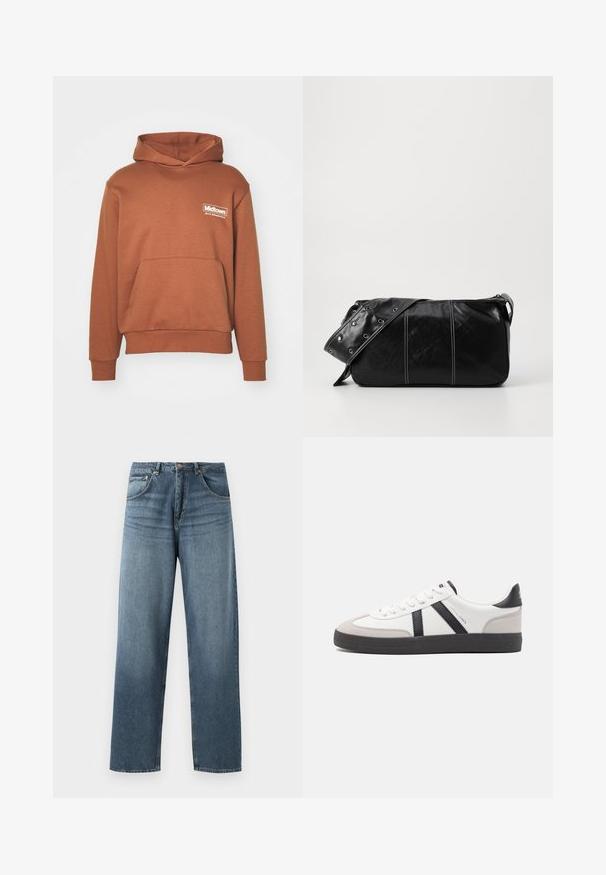 Brun huva i mjukt tyg, utrustad med en känguruficka och en huva. Tryckt logga i vitt på vänster bröstområde.; Raka jeans i blå denim med en blekt tvätt, med femfickorsdesign, metallknapp och bälteshällor. Strukturerad, medelviktig tyg.; Vit sneaker med svarta och grå accenter, med en strukturerad grå tådel, svart gummisul, och platta vita skosnören. Ren design, minimalistisk stil.; Svart läder axelväska med dragkedjestängning, som har en texturerad yta, vit sömnad och ett bälte med silveröglor.