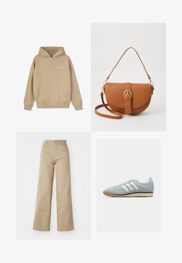 Bežinė gobtuvinė palaidinė su priekyje esančia kengūros kišene ir raibo užbaigimo rankovėmis. Krūtinėje yra baltas "Pegador" logotipas. Vienalytė tekstūra.; Šviesiai rudos plačios kojų kelnės, pagamintos iš medvilnės, su mygtuko uždarymu ir diržo kilputėmis, anksčiau turinčios lygią tekstūrą ir švarų apdirbimą.; Šviesiai mėlyni veliūriniai sportbačiai su baltomis trimis juostelėmis, guminis pado ir tekstūruota tinklinė medžiaga. Yra glotnus pirštų dangtelis ir ženklas ant kulno.; Ruda odinė kryžminė rankinė, turinti kreivą formą, auksinius metalinius elementus ir sagtį. Yra nuimama petneša.