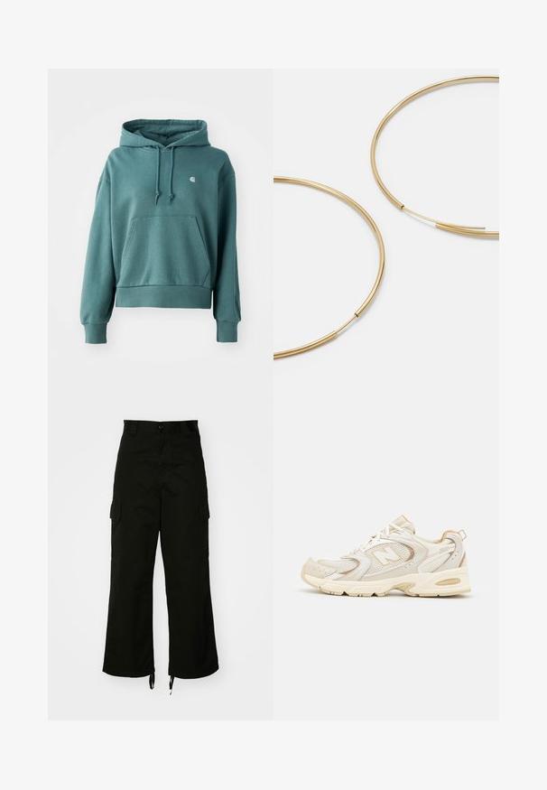 Tyrkysová mikina s kapucí vyrobená z měkkého materiálu, s klokaní kapsou, elastickými manžetami a malým logem na hrudi.; Černé cargo kalhoty vyrobené z bavlny, s širokými nohavicemi, bočními kapsami a stahovacími lemy. Design zahrnuje zapínání na knoflík v pase.; Béžové sportovní boty s síťovinou a syntetickými vrstvami, mají texturovaný povrch, polstrovaný límec a odpružení "ABZORB" v patě.; Zlaté kruhové náušnice, tenké a kulaté, s hladkým kovovým povrchem a bez zdobení či vzorů.