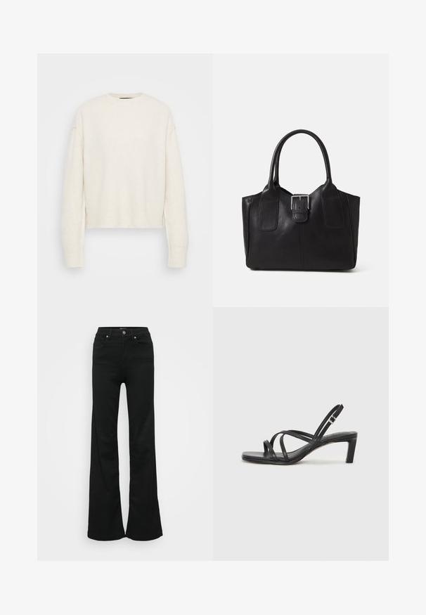 Fehér kötött pulóver kerek nyakkal és laza sziluettel. Bordás mandzsettákkal és alsó résszel rendelkezik, puha textúrájú anyagból készült.; Fekete, trapéz szabású farmernadrág, magas derékkal, öt zsebbel és fémből készült gombos zárással. Simább textúrájú, minimális díszítéssel.; Fekete pántos szandál négyzetes orral és alacsony blokk sarkal. Több vékony pánttal és állítható boka pánttal rendelkezik. Sima bőrből készült.; Fekete bőr bevásárlótáska sima textúrával, strukturált formával, két fogantyúval és egy figyelemfelkeltő ezüst csattal az elején.