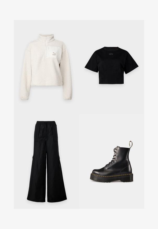 Light-colored fleece pullover with a high collar and half zipper. Features a front pocket and a small logo on the pocket. Soft texture.; Black cropped t-shirt made of cotton. Features short sleeves and a round neckline. Includes a subtle logo detail on the chest.; Black wide-leg cargo pants made from a smooth, lightweight fabric. Features an elastic waistband, drawstring, and side pockets.; Black leather lace-up ankle boots with a chunky black sole and yellow stitching. Features a pull tab at the back and circular metal eyelets.