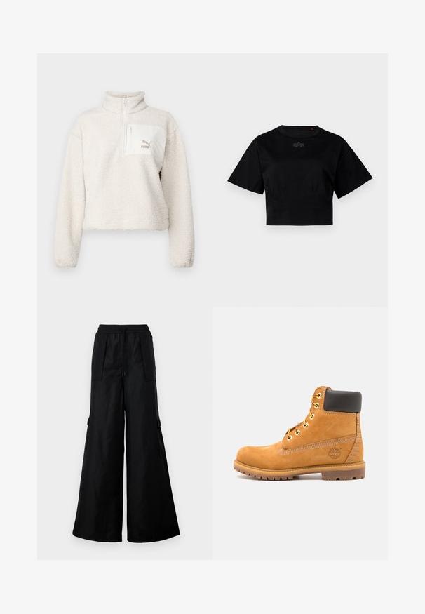 Gaišas vilnas pulovers ar augstu apkakli un pusi rāvējslēdzēju. Iekļauj priekšējo kabatu un mazu logo uz kabatas. Mīksta tekstūra.; Melnā īsā krekls, kas izgatavots no kokvilnas. Tam ir īsas piedurknes un apaļa izgriezuma kakla daļa. Iekļauta smalka logo detaļa uz krūšu daļas.; Melnas platās kāju kravas bikses, kas izgatavotas no gludas, vieglas auduma. Iespējas ietver elastīgu jostasvītru, auklu un sānu kabatas.; Brūna ādas potīšu zābaki ar melnu polsterējumu, zeltainām acīm un teksturētu zoli. Uz sāniem ir apļveida logotips un šuvju akcenti.