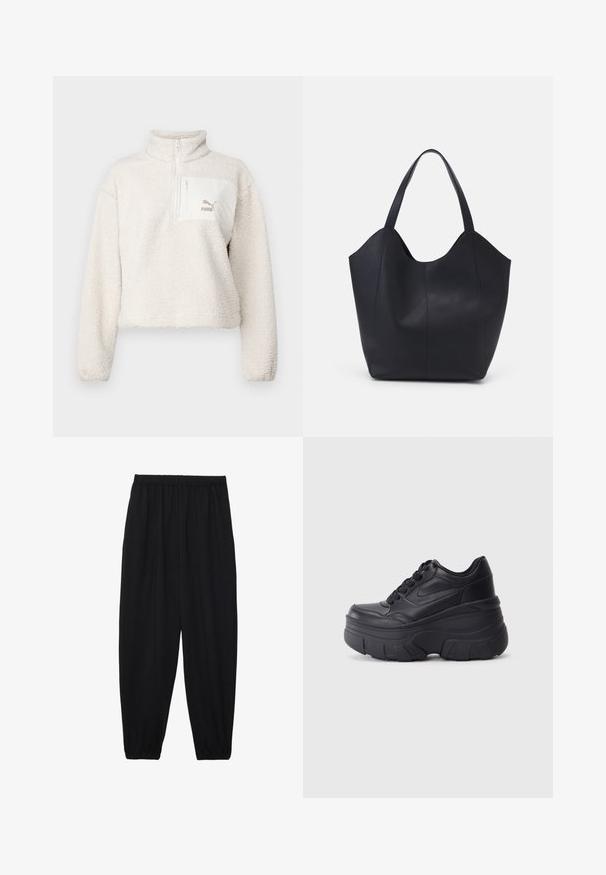 Šviesios spalvos vilnonis puloveris su aukštu apykakle ir puse užtrauktuko. Turi priekinę kišenę ir mažą logotipą ant kišenės. Minkšta tekstūra.; Juodi, lengvi kelnių su elastinga juosmens juosta ir surinktais kulkšniais. Audinys yra lygus ir turi atsipalaidavusį, siaurėjantį dizainą.; Juodi lakuoti sportbačiai su masyviu padu, turintys sklandų odinį viršų, suapvalintą pirštą ir išskirtinį sluoksniuotą platformos dizainą.; Juodas rankinės maišelis, pagamintas iš lygaus odos, su išlenktu atviru viršumi, dviem petinėmis dirželis ir minimalistiniu dizainu.