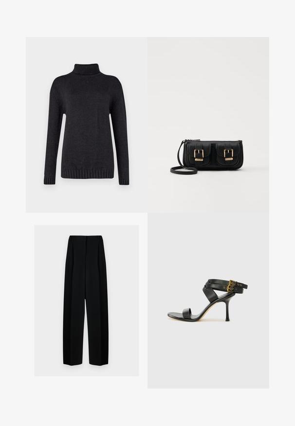 Mørk grå turtleneck-genser laget av et teksturert strikkemateriale, med lange ermer og ribbestrikkede mansjetter og nederkant.; Svart vide bukser med høy livhøyde, med folder og en glatt tekstur. Stoffet virker lett og faller elegant.; Svarte hælsandaler med kryssende stropper og justerbar spenne. Har en jevn tekstur og avsmalnende stilettoklakk.; Svart skinn crossbody veske med to frontlommer, gyldne spenner, glidelåslukking og en slank stropp. Teksturert overflate og kompakt rektangulær form.