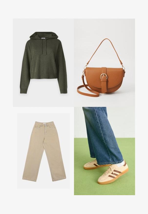 Olīvu zaļš īsais kapucis, izgatavots no teksturētas auduma, ar sašūtu kapuci un ribotu aproču un apakšmalu. Vienkāršs, brīvs dizains.; Beige platuma kāju bikses, kas izgatavotas no denima, ar augstu jostasvietu, priekšējām kabatām un kontrastējošiem šuvēm. Dizainā ir iekļauta pogu aizdares sistēma.; Beidzīgi krēmbalti sporta apavi ar tekstūru un brūnā svītra, apvienoti ar zilu džinsu biksēm. Džinsus raksturo plata kāja un saplēsts apakšmalas dizains.; Brūns ādas plecu soma ar izliekta formu, zelta piederumiem un sprādzes akcentu. Iesaiņota ar noņemamu plecu siksnu.