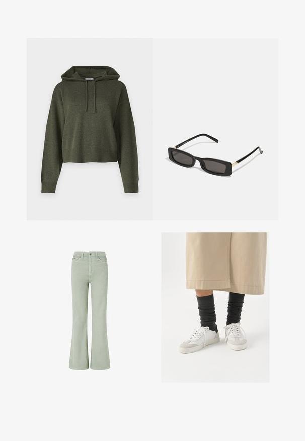 Hoodie cropped em verde oliva, feito de um tecido texturizado, com capuz ajustável e punhos e bainha canelados. Design simples e descontraído.; Calças flare em veludo cotelê verde com uma cintura média, apresentando bolsos frontais, um fecho de botão e uma textura suave.; Sapatilhas brancas e cinzas com um detalhe preto no calcanhar, apresentando um cabedal em couro liso e uma ponta em camurça texturizada. Usadas com meias escuras cinzas e largas.; Óculos de sol retangulares pretos com lentes escuras, armações de plástico brilhante e detalhes em dourado nas templetas. Design minimalista e forma elegante.