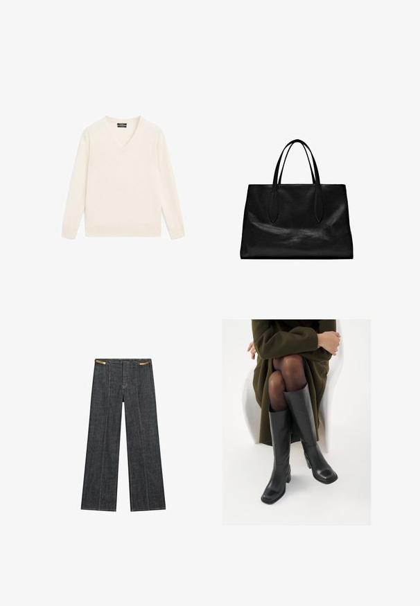 Cream v-neck sweater made of soft fabric, featuring long sleeves, ribbed cuffs and hem, and a relaxed fit. Minimalist design with no patterns.; Dark wash denim wide-leg trousers with a high waist. Features visible stitching, a button closure, and a unique chain accent at the waist.; Knee-high black leather boots with a squared toe and block heel, shown with a model seated in an olive green coat. Smooth texture, minimal detailing.; Black leather tote bag with two elongated handles, a structured shape, smooth texture, and minimalistic design. No visible hardware or accents.
