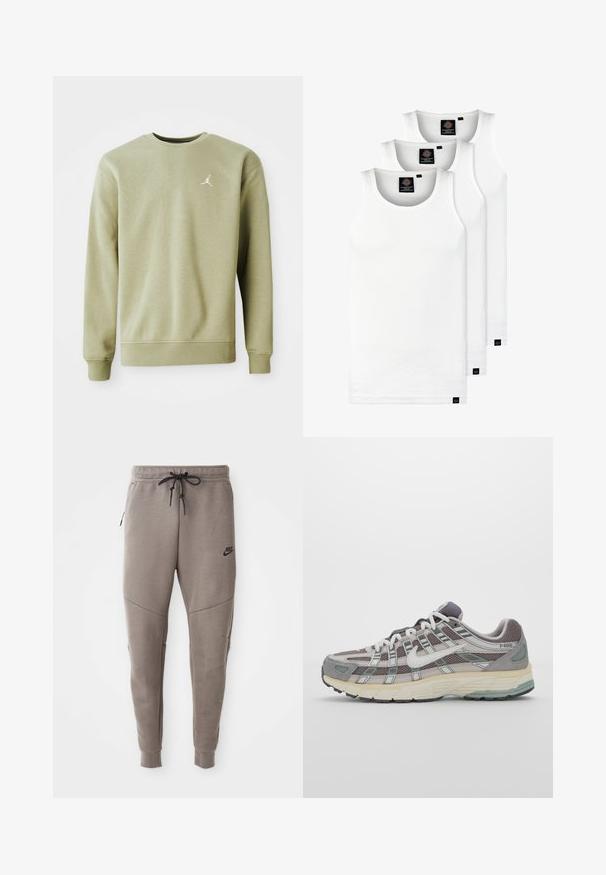 Sweatshirt verde oliva claro com decote redondo, mangas longas e um pequeno logotipo Jumpman branco no peito, feito de um tecido macio.; Três tops em algodão de alças brancas com nervuras. Apresentam um decote redondo e pequenas etiquetas pretas perto da bainha. Disponíveis em vários tamanhos.; Calças de treino cinzentas da Nike com um cós elástico ajustável, pernas ajustadas, bolsos laterais e pormenores de costura distintos. Tecido suave e texturizado.; Sapatilha atlética cinza com parte superior em malha e camurça, detalhes brancos, sola acolchoada e um design distinto com elementos refletivos.