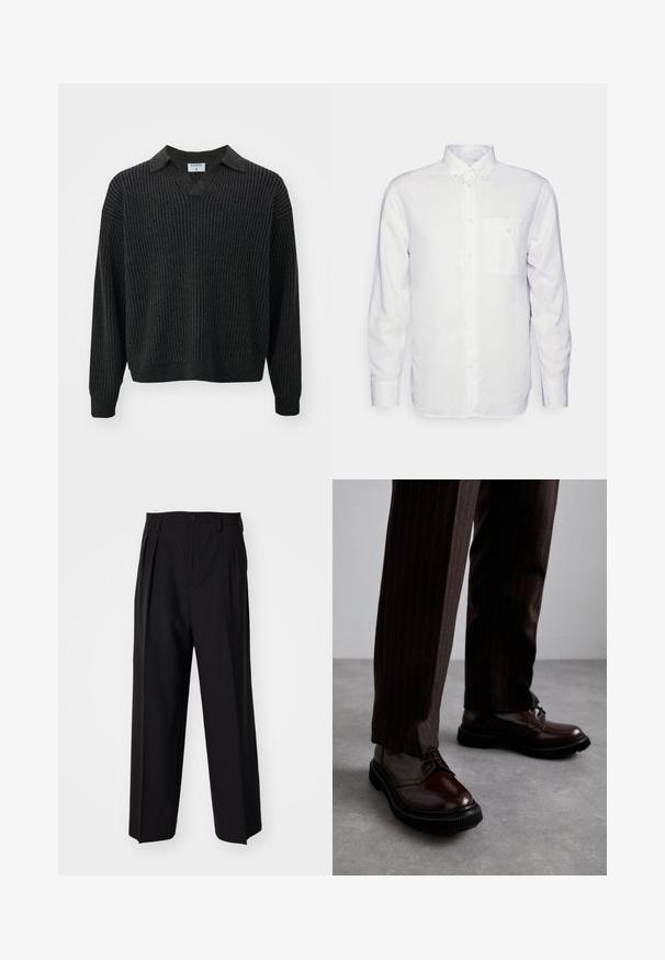 Filippa K Džemperis - mocha/navy; Ilga rankovė balta marškiniai pagaminti iš medvilnės, su mygtukų užsegimu, priekinę kišenę ir įprastą siluetą. Tekstūruota medžiaga su lygiu paviršiumi.; Juodi klostuoti kelnių, su tiesiu, plačiu kojų dizainu. Pagaminti iš lygios medžiagos, su mygtukų uždarymu ir diržo kilputėmis.; Rudos odinės bateliai su raišteliais, blizgiu paviršiumi, juoda gumine absorbcija ir subtilia siūle. Dėvimi su rudos spalvos dryžuotomis kelnių.
