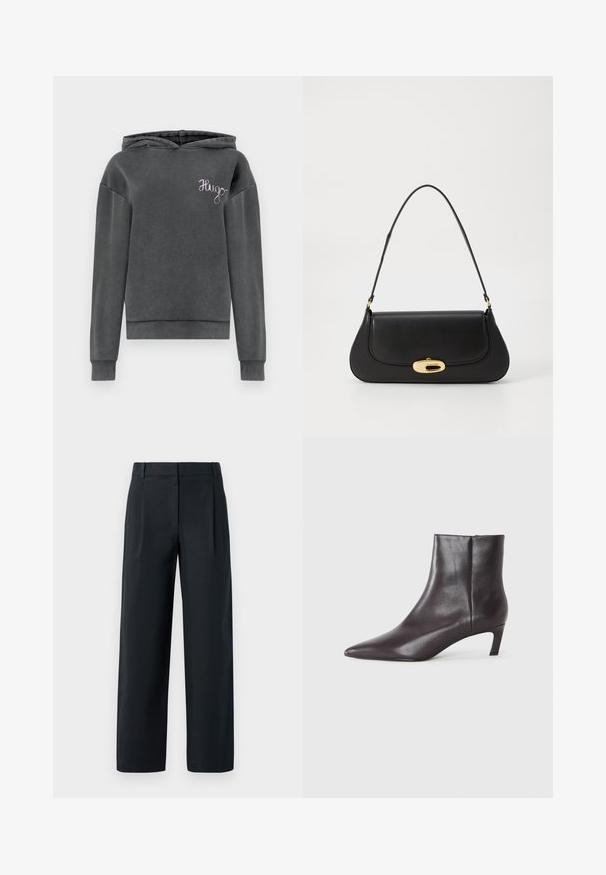 Pelēka kapucēta svārki ar mīkstu tekstūru, ar ribotu apakšdaļu un aprocēm, kā arī iešūtu 'Hugo' logo gaiši purpursarkanā krāsā uz krūšu daļas.; Melni piegriezti bikses ar taisnu kāju dizainu, ar priekšējiem krokotājiem, gludu tekstūru un jostas cilpiņām. Nav redzamu kabatu.; Melna ādas potītes zābaks ar norādītu purngalu un zemu kaķēnu papēdi, gluda apdare, sānu rāvējslēdzis, rādīts neitrālā fona.; Melna ādas rokassoma ar izliekta dizaina elementiem, zelta krāsas detaļām un augšējo rokturi. Iezīmējas ar elegantu aizdari un gludu faktūru.