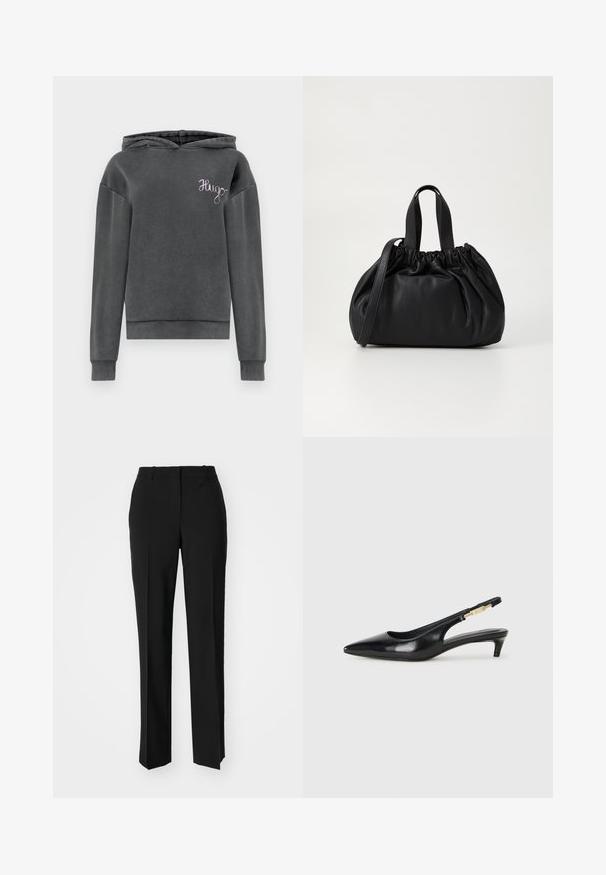 Pilkas džemperis su gobtuvu, minkštos tekstūros, su gumuotu apvadu apačioje ir rankovėse, ir siuvinėjamu "Hugo" logotipu šviesiai purpurine spalva krūtinėje.; Juodi pritaikyti kelnių modeliai su tiesiomis kojomis, pasižyminčios lygiomis tekstūromis ir ryškiomis klostėmis priekyje. Nėra matomų detalių.; Juodas odinis pavasario batelių modelis su smailiu nosiu, turintis siaurą kulniuką ir auksinės spalvos akcentu reguliuojamoje juostoje. Lygi tekstūra.; Juoda odinė rankinė su susiraukšlėjusiu viršumi, su dviem trumpomis rankenėlėmis ir ilga reguliuojama juosta. Lygus paviršius, apvalios formos.
